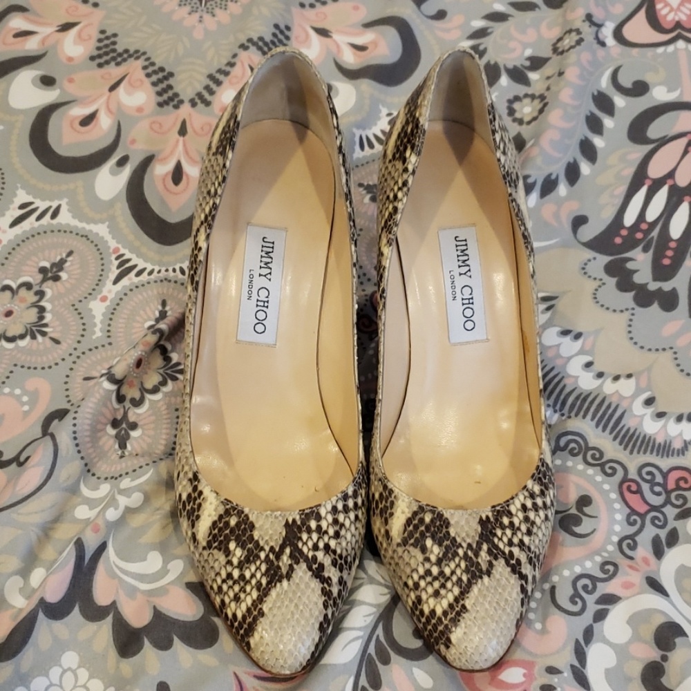Jimmy Choo Beige and Brown Snakeskin Pointed Toe Pumps